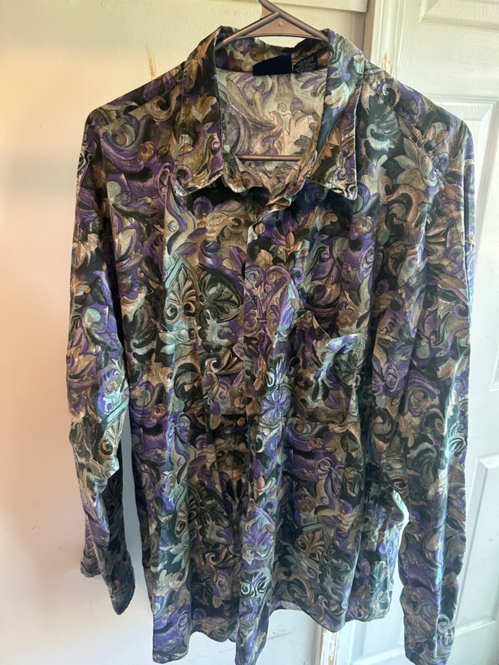 Men's Long Sleeve Button-Up Shirt - Purple, Black, Green Paisley